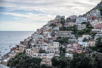 Naklejka premium View over Positano town and beach in Amalfi coast in Italy.