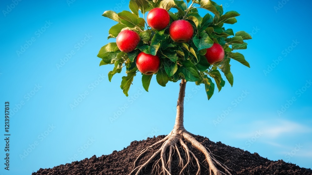 Poster tree with five apples on it and a blue sky in the background. the tree is growing from the ground an