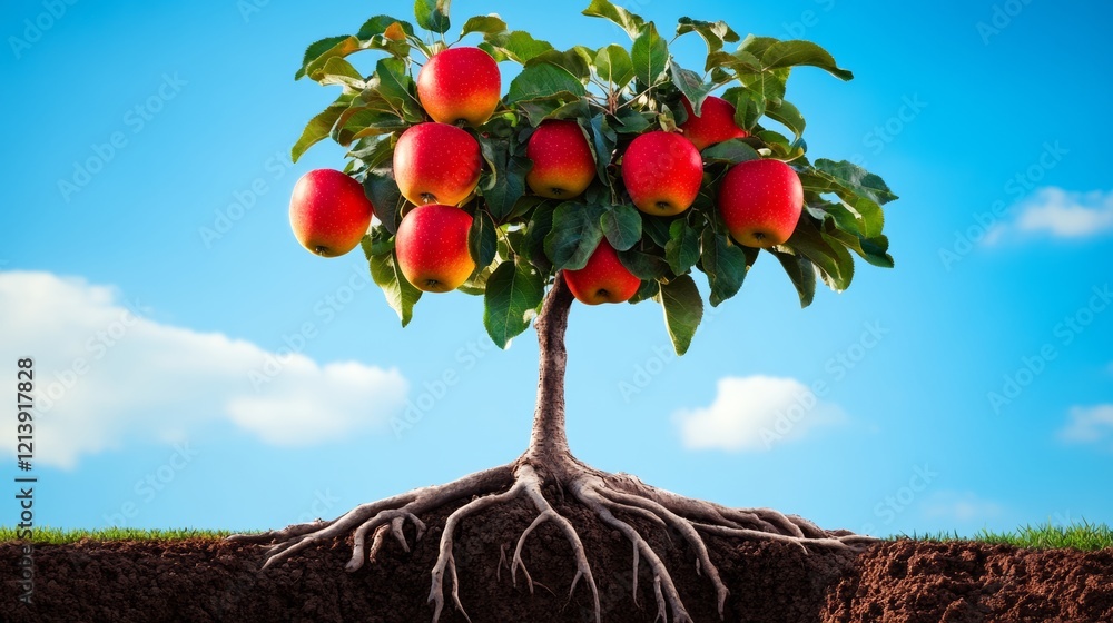 Aufkleber tree with apples on it and its roots in the ground. the tree is surrounded by a blue sky