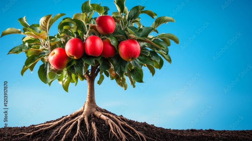 Poster tree with a bunch of apples on it. the tree is surrounded by dirt and the apples are hanging from th