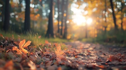 Autumnal path, leaves scattered, sunlit forest, tranquil scene, nature background for fall website