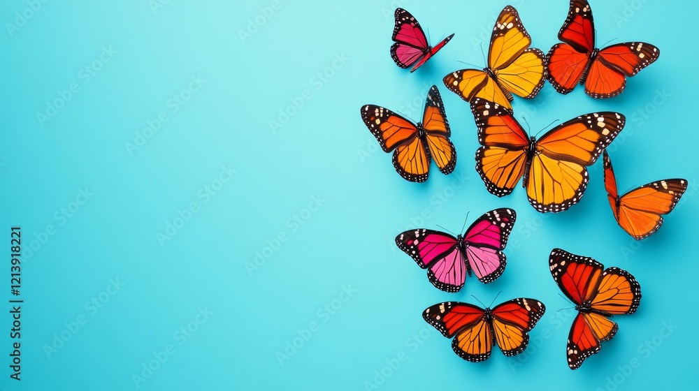 Poster blue background with a group of colorful butterflies flying around it. the butterflies are of differ