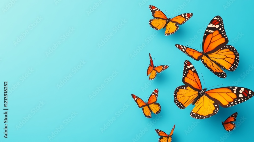 Poster blue background with a group of orange butterflies flying around it. the butterflies are of differen