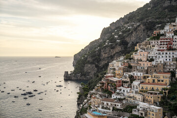 View over Positano town and beach in Amalfi coast in Italy.