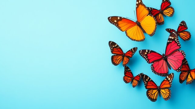 Blue background with a group of colorful butterflies. The butterflies are orange and red, and they are scattered around the background. Concept of freedom and beauty