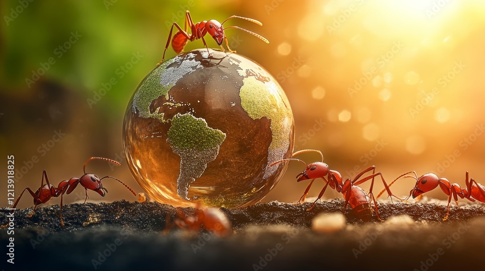 Poster group of red ants are working together to move a globe. the scene is playful and lighthearted, with 