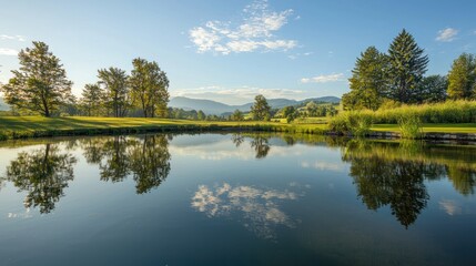 A smooth, still pond reflecting the surrounding landscape with no ripples disturbing the surface.