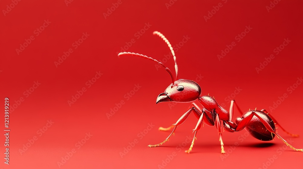 Poster red ant is standing on a red background. the ant is the main focus of the image, and it is looking u