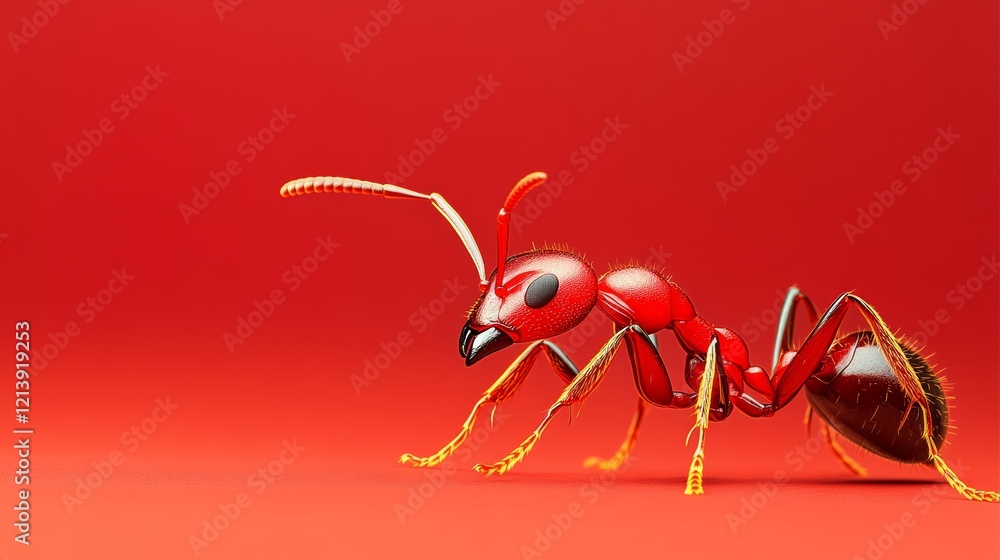 Poster red ant is standing on a red background. the ant is the main focus of the image, and it is looking u