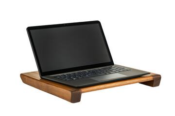 Isolated Black Laptop on Dark Wood Stand
