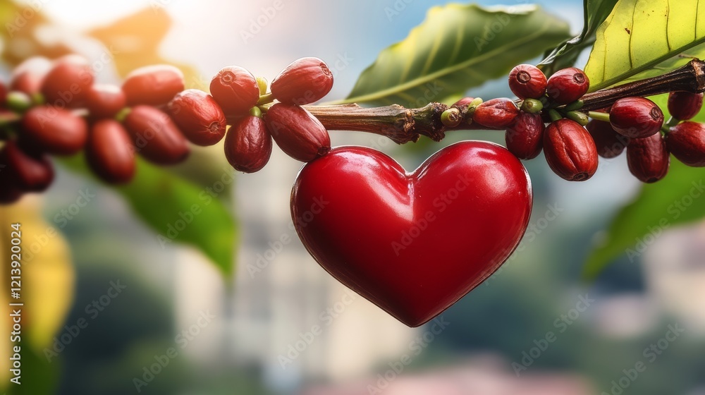 Poster red heart is hanging from a branch of a tree. the heart is surrounded by red berries. concept of lov