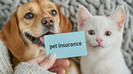 A dog and a cat look at a person holding a "pet insurance" card, showcasing the importance of protecting pets' health.