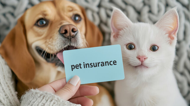 A dog and a cat look at a person holding a "pet insurance" card, showcasing the importance of protecting pets' health.