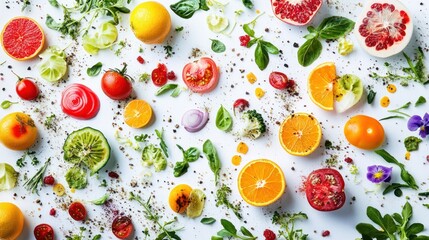 Vibrant fruits and vegetables arranged artfully on white