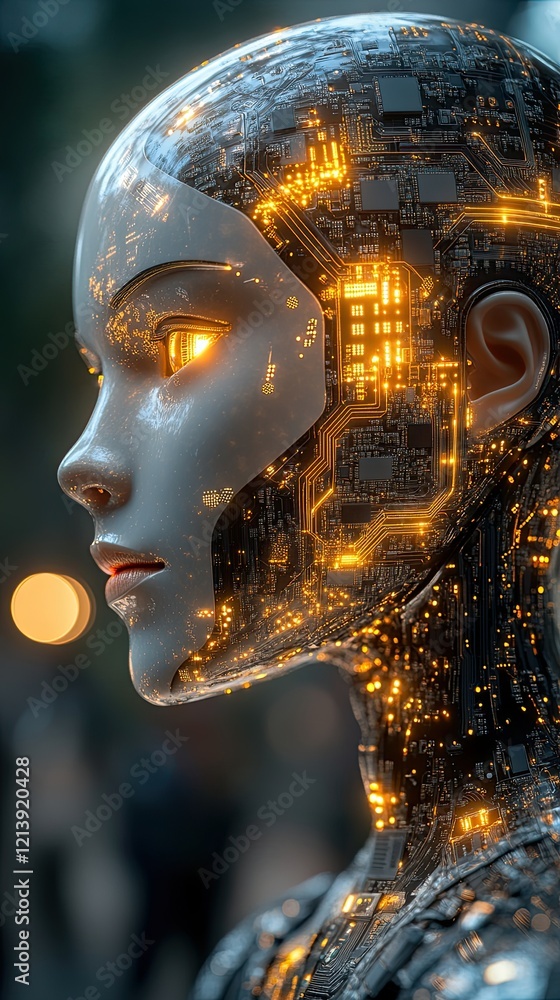 Poster futuristic humanoid robot with glowing circuits stands illuminated at dusk in a bustling city settin