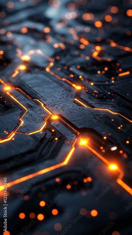 Poster intricate circuits glowing with orange light on a dark surface creating a modern technological aesth