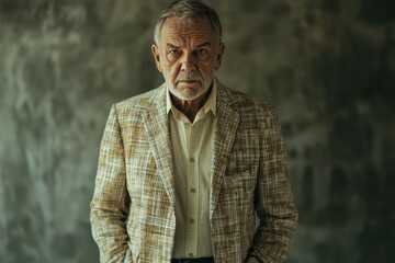 Obraz premium Confident old man wearing checkered blazer, cream