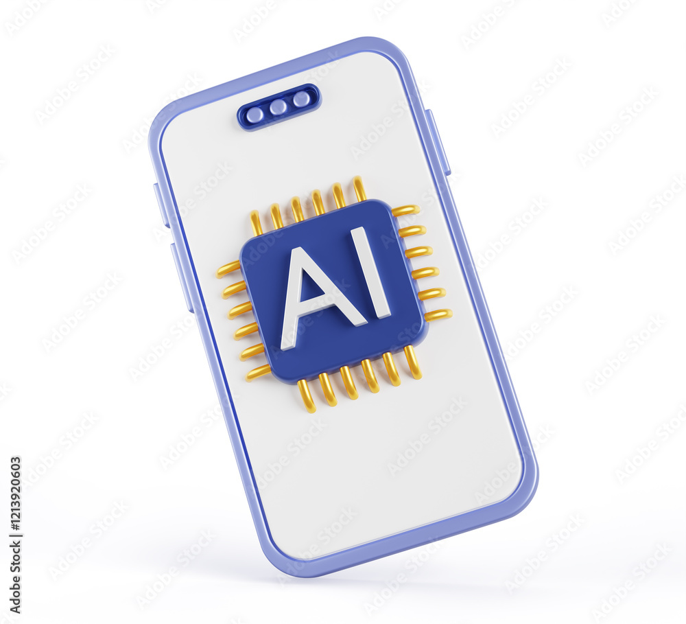 Fototapete 3d smartphone with ai chip icon on screen render. Mobile phone with artificial intelligence processor gpu for deep learning, analysis, computing, data transfer and storage interface. 3D illustration