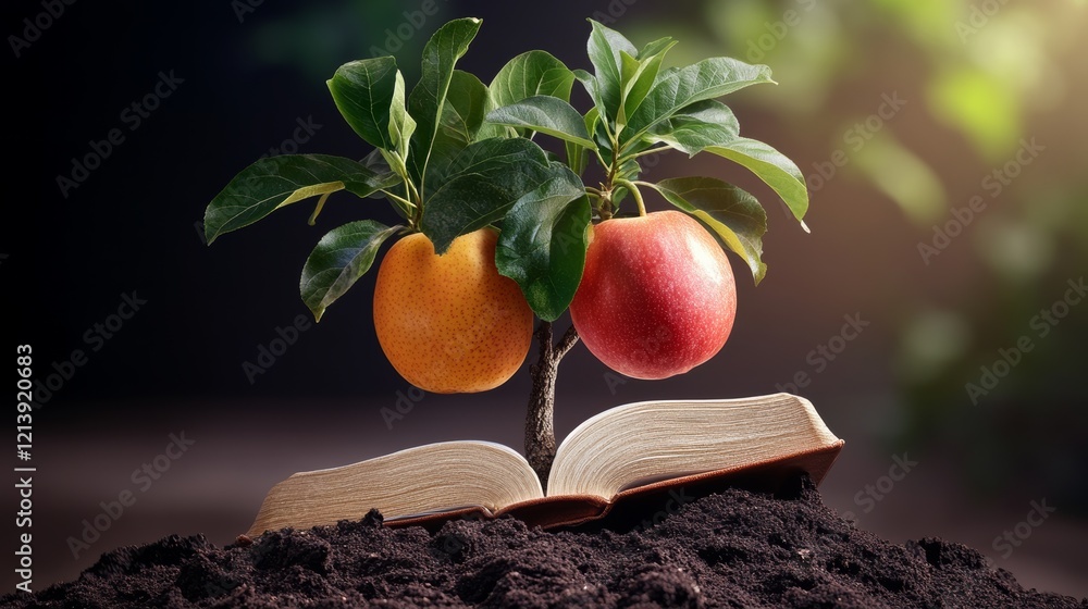 Poster tree with two apples on it is sitting on top of an open book. the apples are different colors, with 