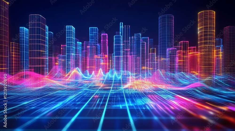 Poster futuristic cityscape with neon gridlines and abstract data flow in a digital world