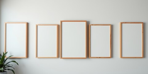 Empty light wood picture frames on a wall