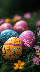 Colorful hand-painted Easter eggs surrounded by vibrant flowers in a lush garden setting during springtime