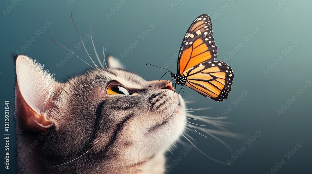 Aufkleber cat is looking at a butterfly that is resting on its nose. the cat is curious and interested in the 