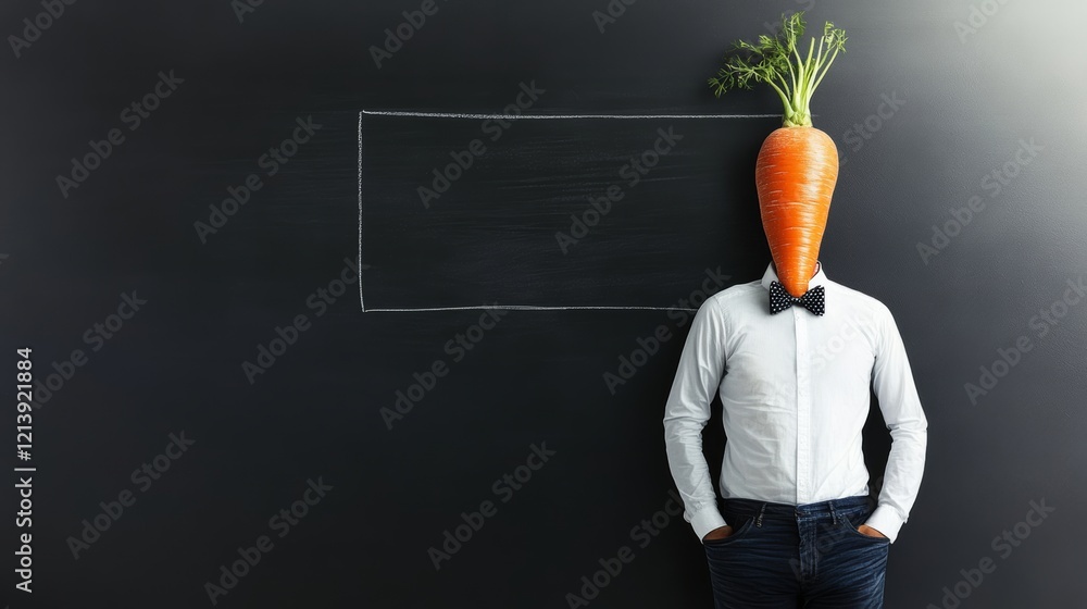 Poster man with a carrot on his head stands in front of a chalkboard. the carrot is placed on the man's hea