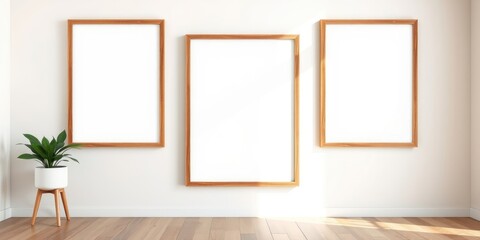 Fototapeta premium Minimalist interior design with three blank frames and a plant