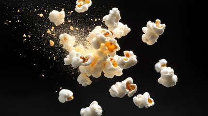 Close up of popcorn with a lot of white and yellow pieces. The popcorn is falling from the sky and the image has a fun and playful mood