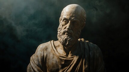 Obraz premium Ancient philosopher sculpture with a meditative expression under spotlight