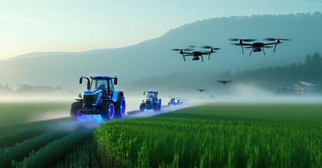 Fototapeta premium Autonomous tractors and drones operate in a high-tech farm at dawn. Smart agriculture with precision farming automation AI-driven machinery and sustainable innovation revolutionizing food production