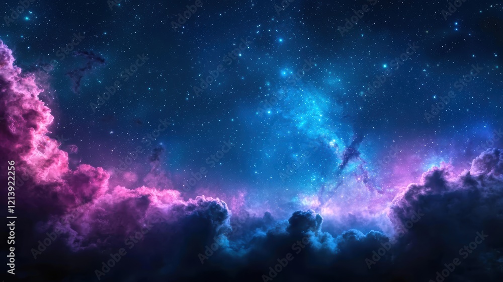 Poster deep space seamless pattern with stars and colorful nebula for background or textures