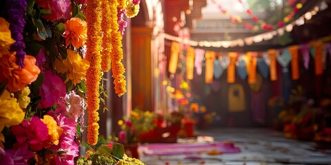 Obraz premium Vibrant Holi Festival Decorations Colorful Banners and Flowers