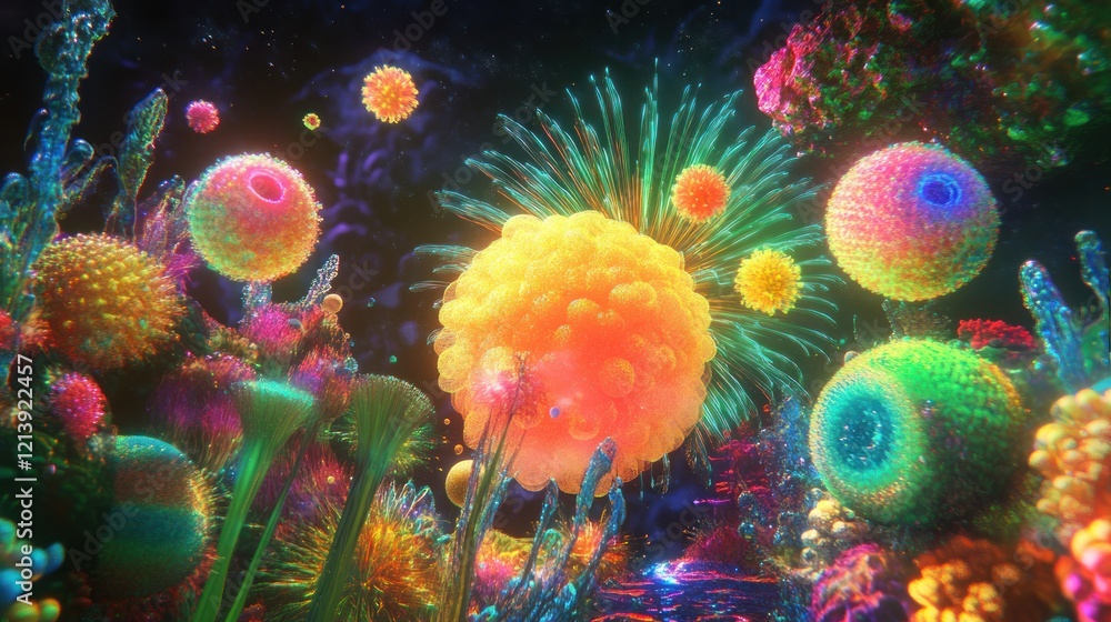 Poster vibrant cellular fireworks display a cosmic microscopic scene