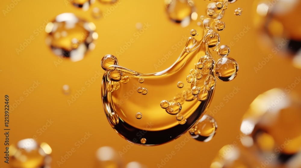 Poster splash of liquid with bubbles floating in the air. the bubbles are small and round, and the liquid i