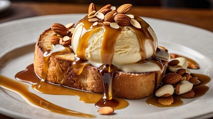 Brioche toast topped with vanilla ice cream, caramel sauce, and toasted almonds, set in a cozy dessert caf&eacute; atmosphere.