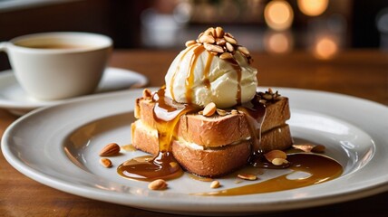 Brioche toast topped with vanilla ice cream, caramel sauce, and toasted almonds, set in a cozy dessert caf&eacute; atmosphere.