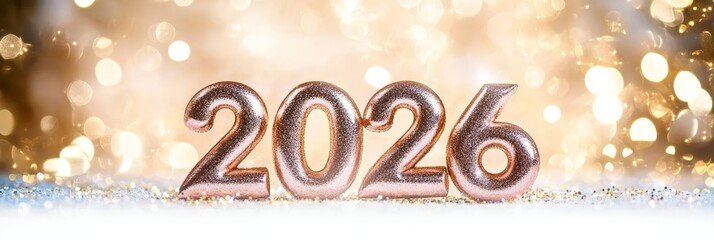 Gold Metallic Number 2026 on a Sparkling Festive Bokeh Background for New Year Celebrations