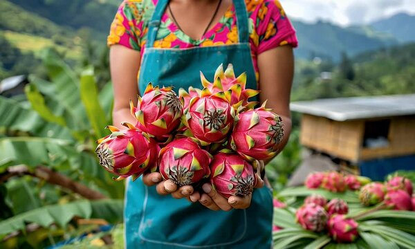 A person holding a bunch of vibrant dragon fruits in a lush, tropical setting.