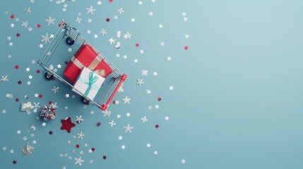 Festive gifts in mini cart, blue background, confetti, online shopping