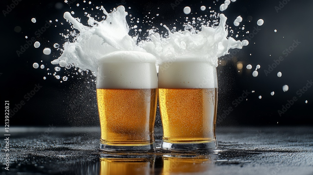 Poster two glasses of beer with foam on top, one of which is almost empty. the other is almost full. the fo