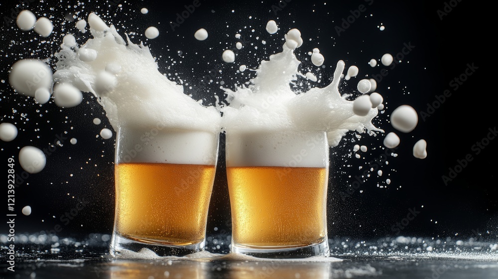 Aufkleber two glasses of beer are splashing in the air, creating a fun and playful atmosphere. the image captu