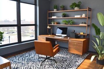 Modern Home Office Workspace With Abundant Plants