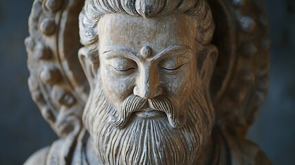 Bust of an ancient philosopher carved from stone with intricate detailing