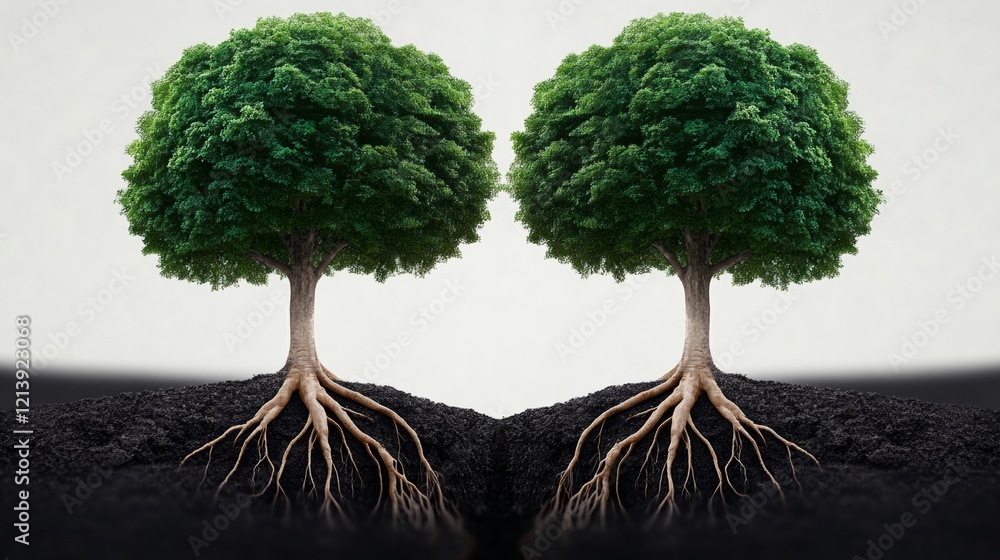 Poster two trees with roots growing out of the ground. the trees are facing each other. the roots are visib