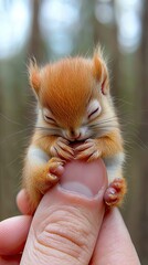 Fototapeta premium Tiny squirrel rests comfortably in a person's hand during a serene moment in the forest