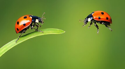 Obraz premium Two ladybugs are on a green leaf. One is on the left and the other is on the right
