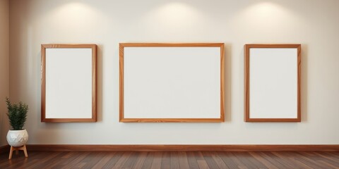 Empty wooden picture frames on a wall in a minimalist room