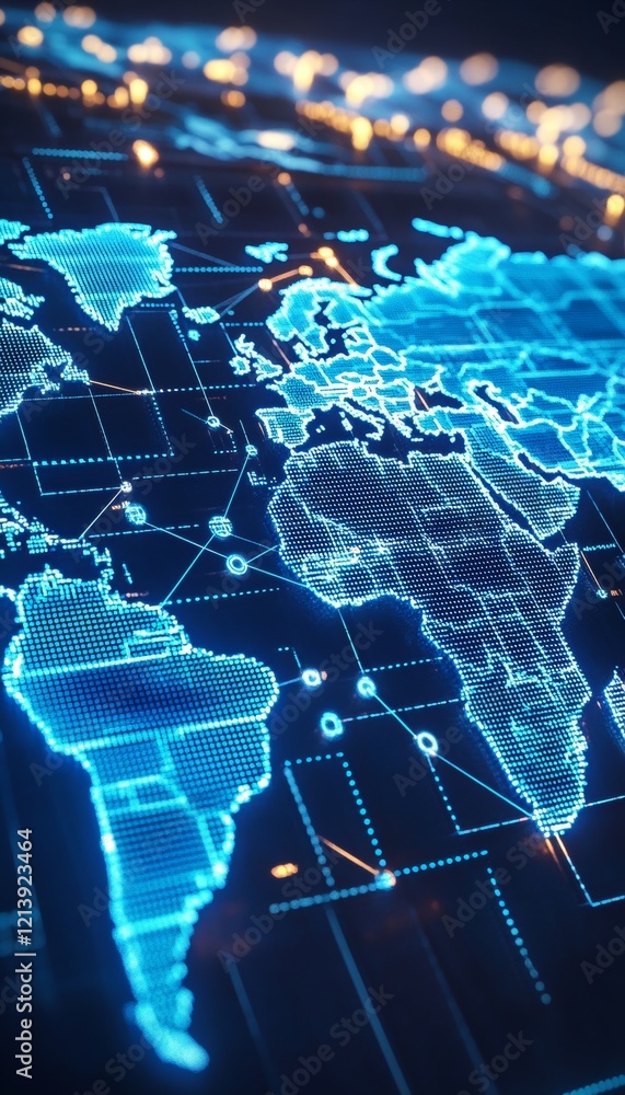 Poster Global Network Connections. Digital World Map with Glowing Lines and Nodes, Representing Data Flow